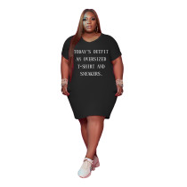 Black Women's V Neck Short Sleeve Solid Color Printed Plus-size Dress
