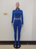 Solid Color Blue Long Sleeve Sets Stacked Sweat Suits Women Pleated 2 Piece Set Clothing
