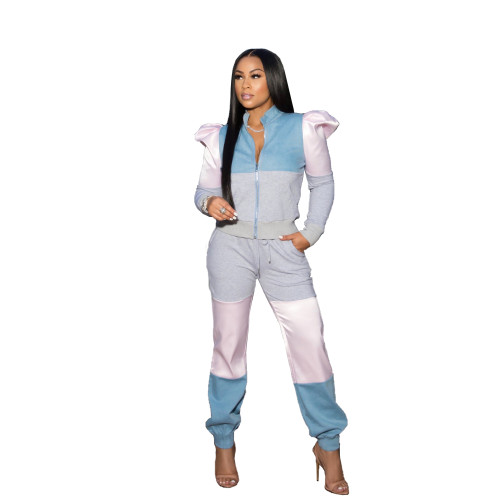 Puff Sleeve Color Block Zipper Pants Set with Pockets