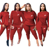 Fashion Red Round Neck Women 2 Pieces Set Printed Tracksuits