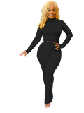 Solid Color Black Ribbed High Neck Stacked Lounge Wear Sets Women