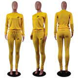 Fashion Yellow Round Neck Women 2 Pieces Set Printed Tracksuits