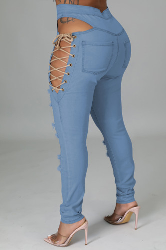 Casual Eyelet Lace-up Washed Denim Trousers