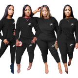 Fashion Black Round Neck Women 2 Pieces Set Printed Tracksuits