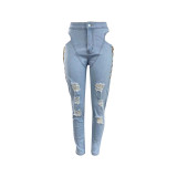 Casual Eyelet Lace-up Washed Denim Trousers