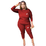 Fashion Red Round Neck Women 2 Pieces Set Printed Tracksuits