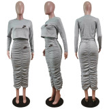 Solid Color Grey Long Sleeve Printed Pullover Women Skirt Sets Two Piece Outfits