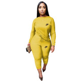 Fashion Yellow Round Neck Women 2 Pieces Set Printed Tracksuits