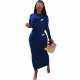 Solid Color Blue Long Sleeve Printed Pullover Women Skirt Sets Two Piece Outfits