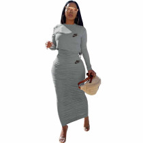 Solid Color Grey Long Sleeve Printed Pullover Women Skirt Sets Two Piece Outfits