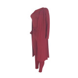 Solid Color Autumn Wine Red Three Piece Set Pit Vest Pant Set with Cardigan