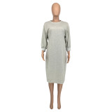 Solid Color 3/4 Sleeve Loose Midi Dress