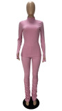 Solid Color Pink Ribbed High Neck Stacked Lounge Wear Sets Women