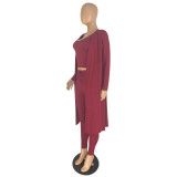 Solid Color Autumn Wine Red Three Piece Set Pit Vest Pant Set with Cardigan
