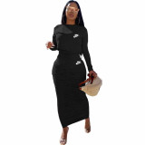 Solid Color Black Long Sleeve Printed Pullover Women Skirt Sets Two Piece Outfits