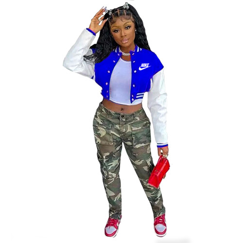 Autumn Dark Blue Long Sleeve Baseball Crop Tops Printed Short Jacket with Pockets