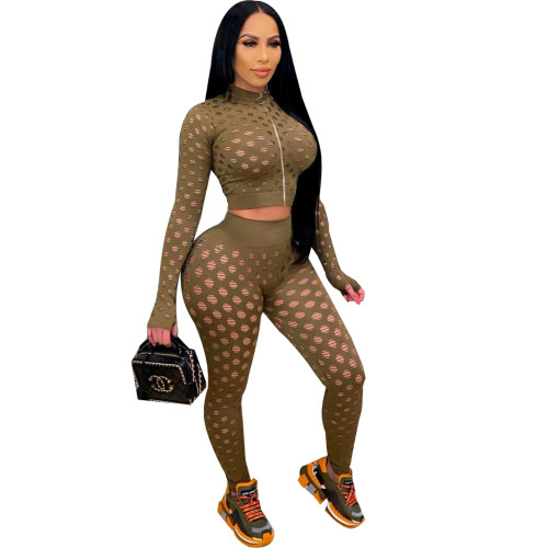 Women's Casual Army Green 2 Piece Outfits Sheer Jacquard Hole Long Sleeve Blouse Tops and Pants Clubwear Set