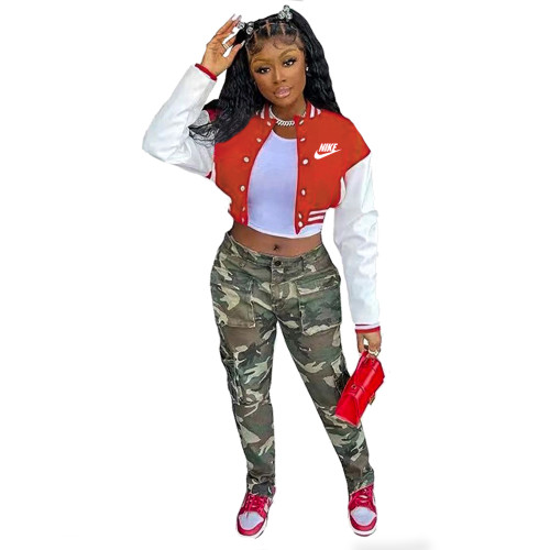 Autumn Red Long Sleeve Baseball Crop Tops Printed Short Jacket with Pockets