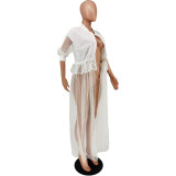 Women White Long Sleeve Mesh Insert Patchwork Shirt Elegant Top Blouses