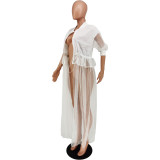 Women White Long Sleeve Mesh Insert Patchwork Shirt Elegant Top Blouses