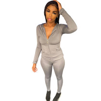 Womens Fall Clothing 2021 Grey Zipper Drawstring Hoodie Pant Set