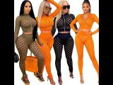 Women's Casual Orange 2 Piece Outfits Sheer Jacquard Hole Long Sleeve Blouse Tops and Pants Clubwear Set