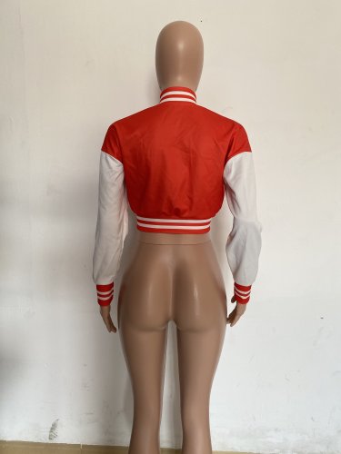 Autumn Red Long Sleeve Baseball Crop Tops Printed Short Jacket with Pockets