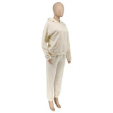 Solid Color Beige Fleece Sweatshirt Hoodie Women Pant Set
