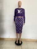 Autumn Purple Printed Letter Midi Skirt Two Piece Set