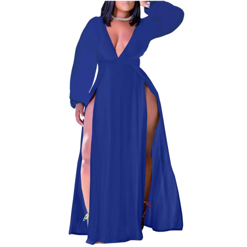 Blue Plus Size Deep V-Neck High Slit Maxi Dress