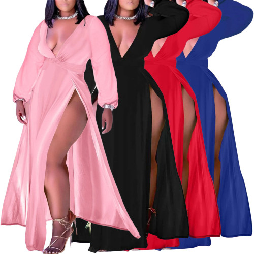 Pink Plus Size Deep V-Neck High Slit Maxi Dress