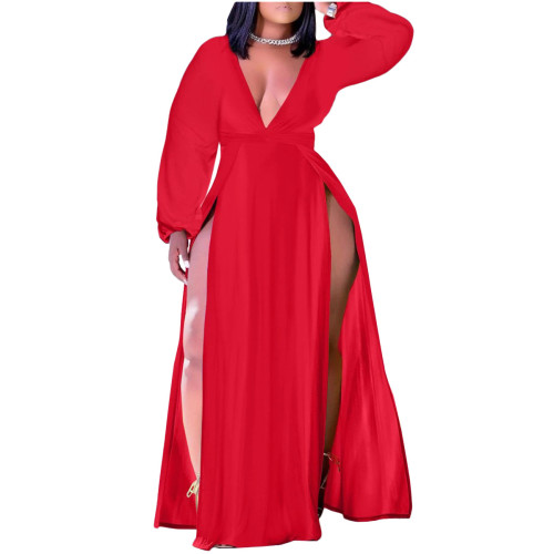 Red Plus Size Deep V-Neck High Slit Maxi Dress