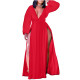 Red Plus Size Deep V-Neck High Slit Maxi Dress