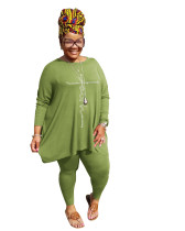 Green Round Neck Solid Color Hot Drilling Plus Size Autumn Set