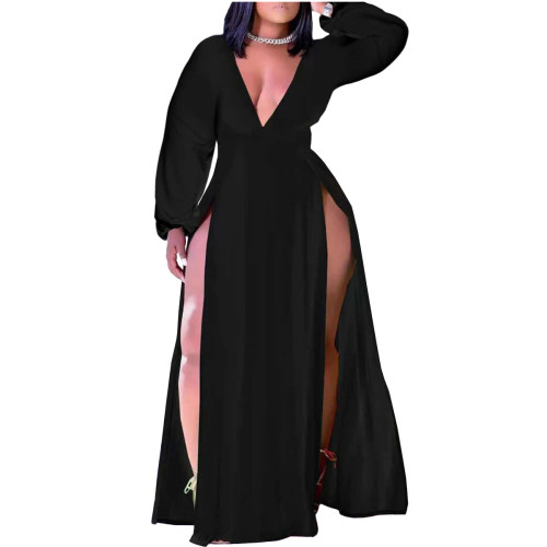Black Plus Size Deep V-Neck High Slit Maxi Dress
