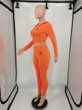Trendy Orange Printed Hoodie Crop Top Pant Set with Zipper