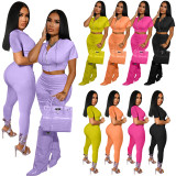 Solid Color Purple Boutique Clothing Women Short Sleeve 2 Piece Set Hoodie