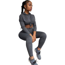 Autumn Winter Gray Black Women's Clothing Solid Color Two Piece Hoodie Set