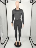 Autumn Winter Gray Black Women's Clothing Solid Color Two Piece Hoodie Set