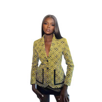Fall Yellow Printed Button Women's Casual Suit Jacket