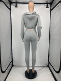 Autumn Solid Color Grey Hooded Sweatsuit Sportswear Pant Set
