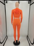 Trendy Orange Printed Hoodie Crop Top Pant Set with Zipper