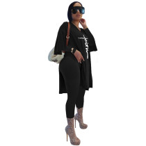 Black Women's Casual Embroidered Oversized Two Piece Outfits Long Sleeve Split Tops Long Set