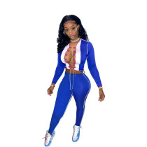Blue Contrasting Color Stitching Lace-up 2 Piece Women Fall Sets with Hollow