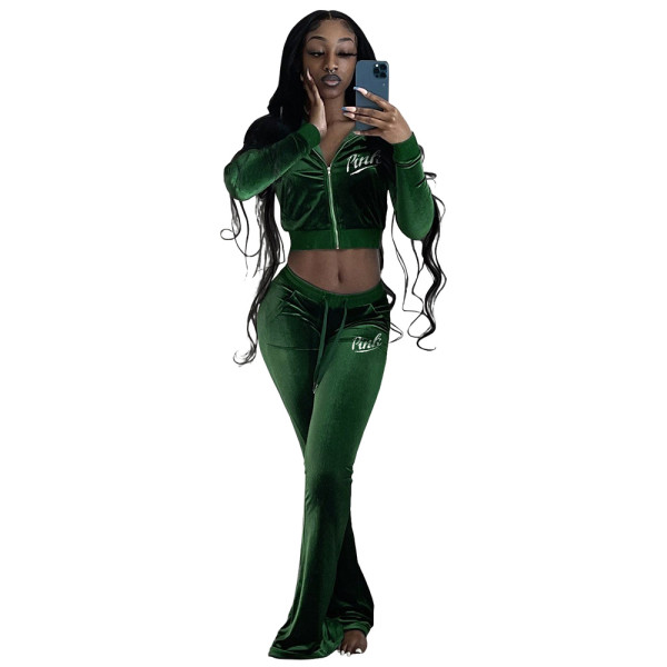 Solid Green Velvet Embroidered Letters Tracksuit Long Sleeve Zipper 2 Piece Pants Set