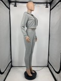 Autumn Solid Color Grey Hooded Sweatsuit Sportswear Pant Set