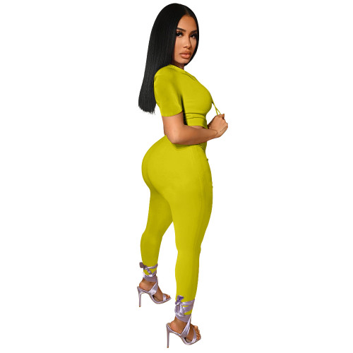 Solid Color Yellow Boutique Clothing Women Short Sleeve 2 Piece Set Hoodie