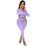 Trendy Purple Printed Hoodie Crop Top Pant Set with Zipper