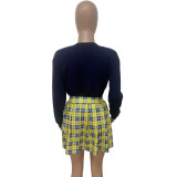 Casual Long Sleeve Printed Plaid Pleated Skirt Set