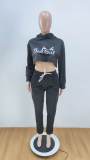 Black Letter Print Women Sweatpants Pullover Hoodies Crop Top Jogging Suit Outfits